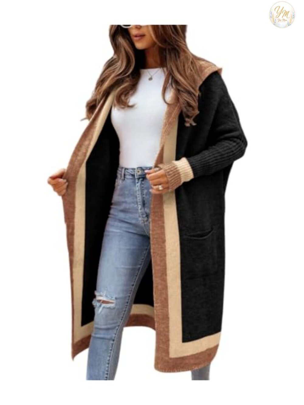 Oversized Hooded Long Cardigan Sweater with Pockets, Color Block Striped Knit,
